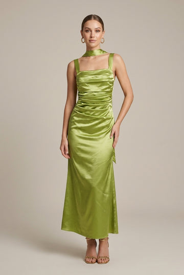Women's Green Satin Maxi Dress - Cowl Neck - Ruched Bodice - Sleeveless