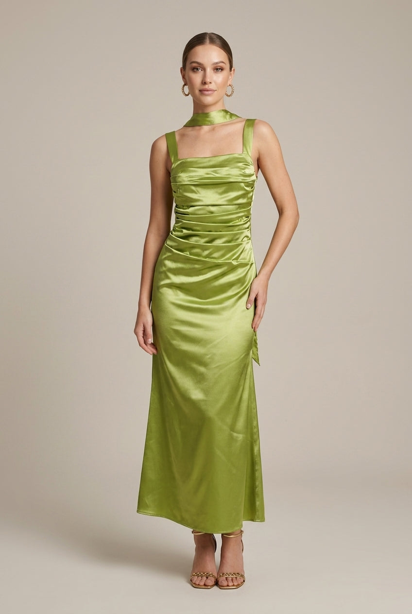 Women's Green Satin Maxi Dress - Cowl Neck - Ruched Bodice - Sleeveless