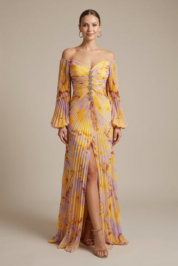 Women's Tie-Dye V-Neck Puff Sleeve Lace-Up Front Maxi Dress