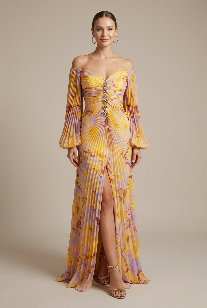 Women's Tie-Dye V-Neck Puff Sleeve Lace-Up Front Maxi Dress