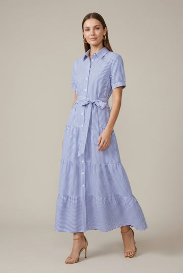 Women's Striped Maxi Dress Tiered Button-Down