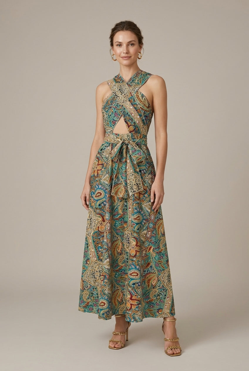 Women's Printed Halter Neck Sleeveless High Slit Maxi Dress