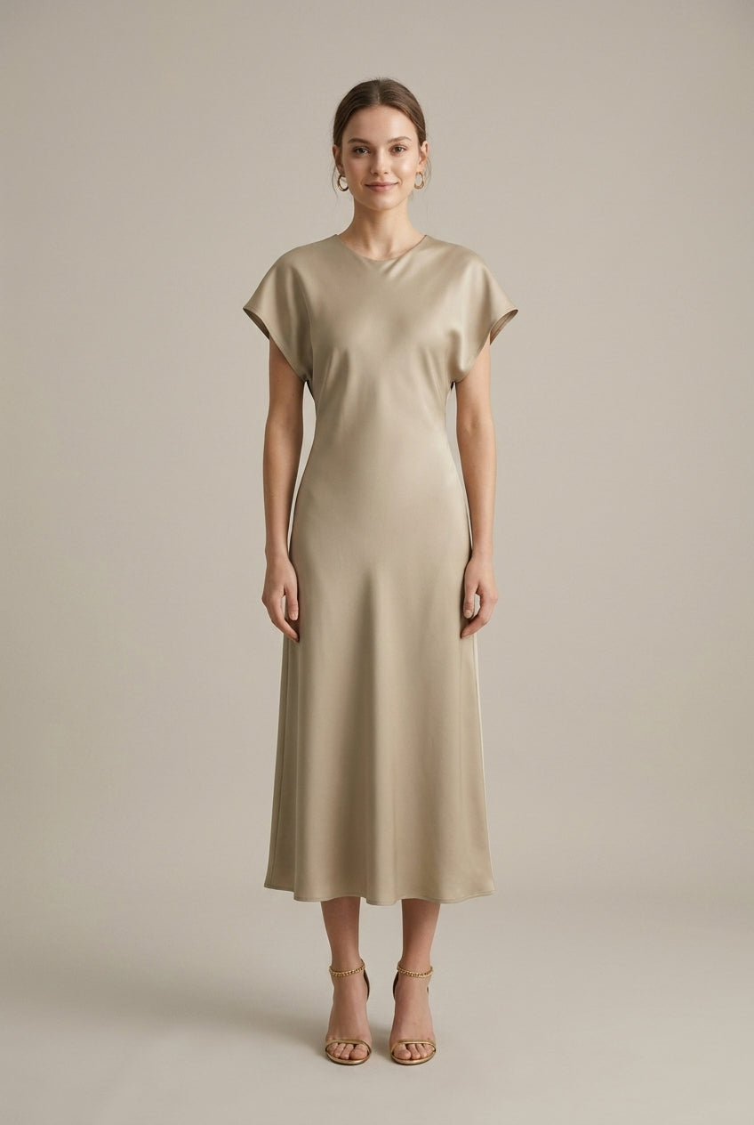 Women's Round Neck Satin Midi Dress