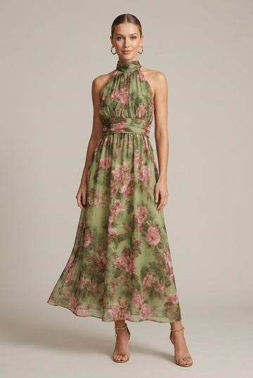 Women's Floral Halter Maxi Dress - Sleeveless Tie Waist