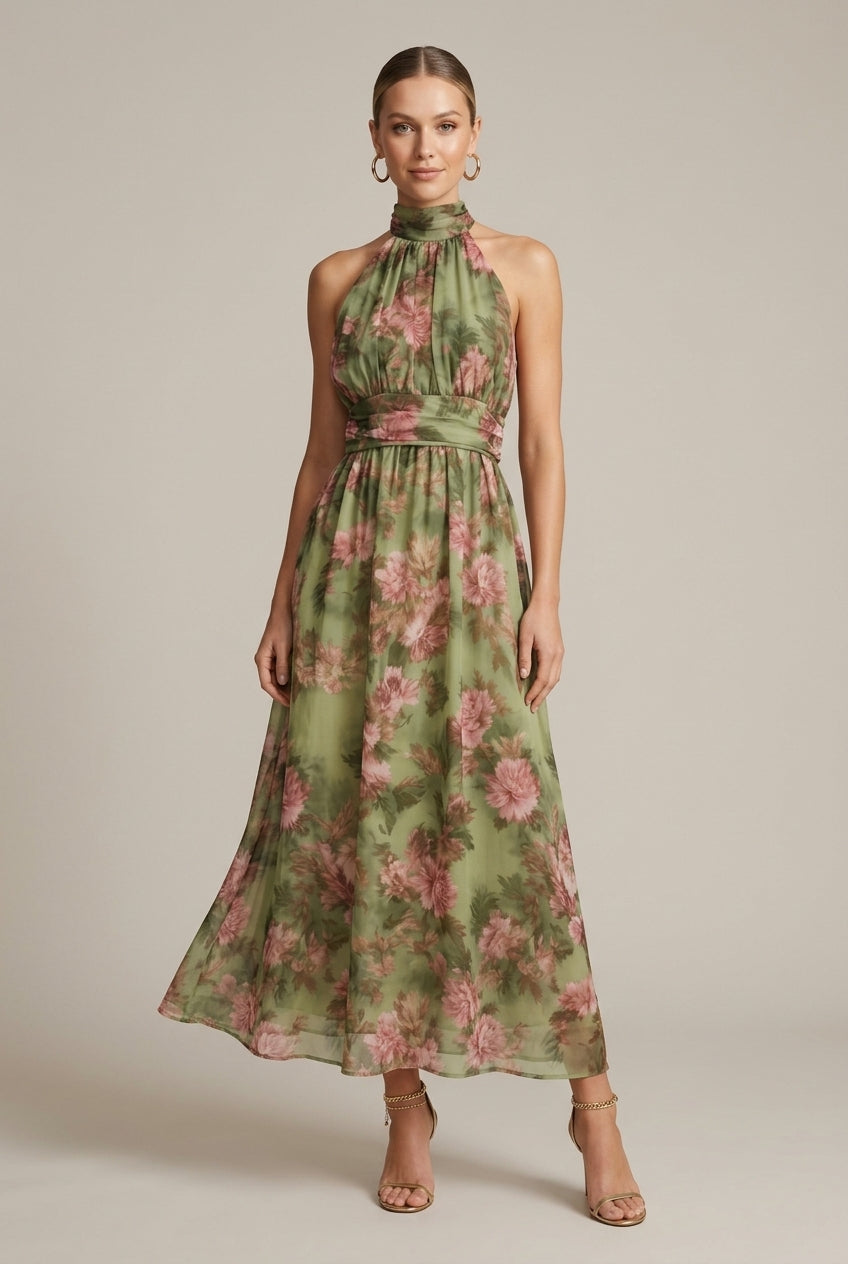 Women's Floral Halter Maxi Dress - Sleeveless Tie Waist