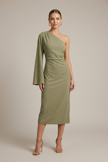 Women's Midi Dress One Shoulder Long Sleeve Side Slit