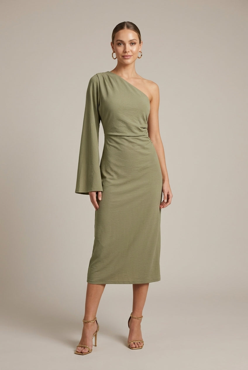 Women's Midi Dress One Shoulder Long Sleeve Side Slit