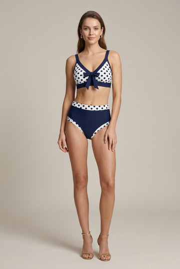 Women's Polka Dot High Waist Retro Bikini Set - Tie Front V-Neck