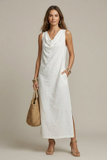 Women's White Linen Maxi Dress V-Neck