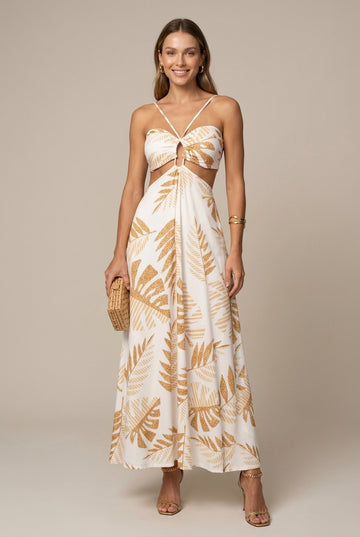 Women's Tropical Print Cutout Waist Tie Front Spaghetti Strap Maxi Dress