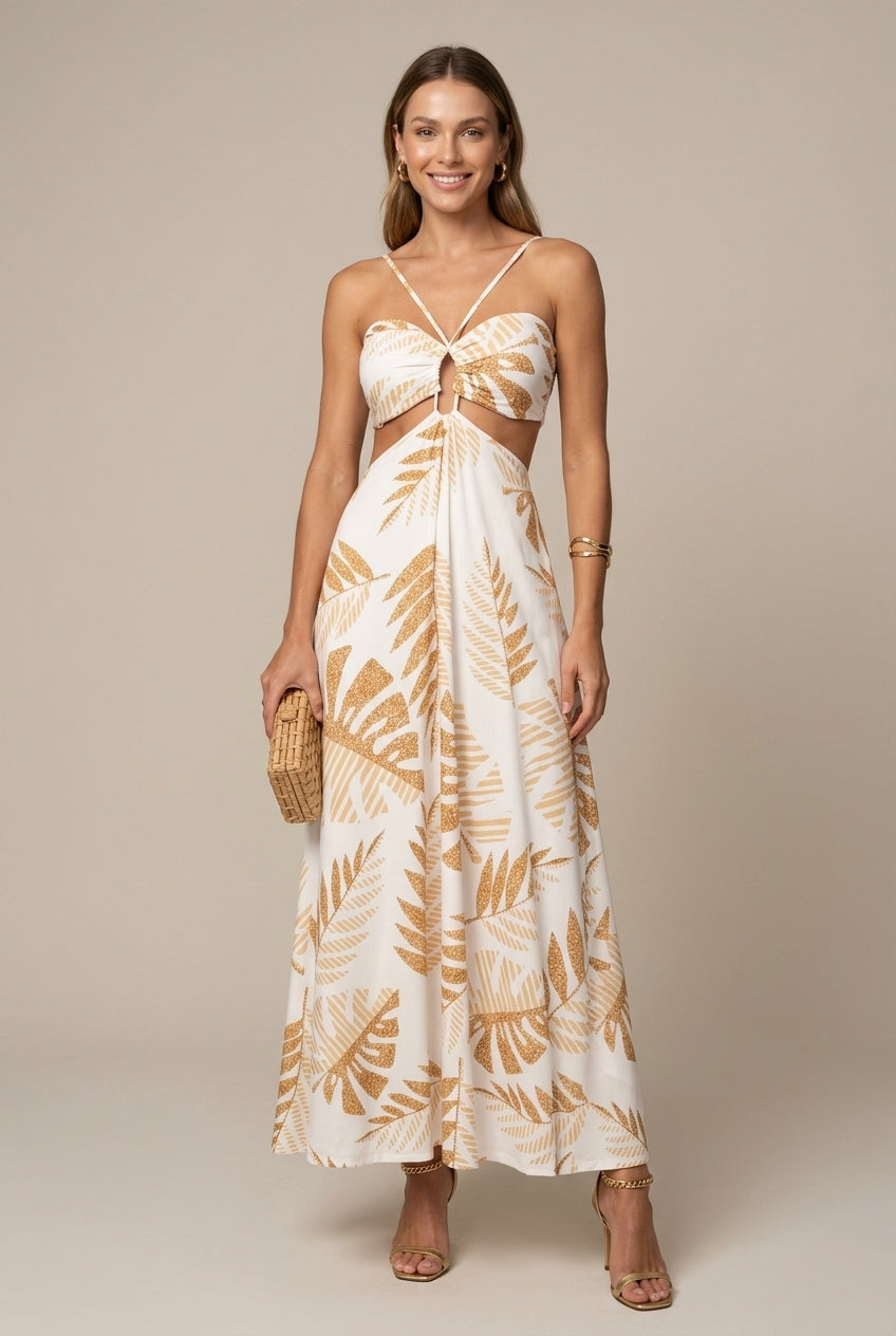 Women's Tropical Print Cutout Waist Tie Front Spaghetti Strap Maxi Dress