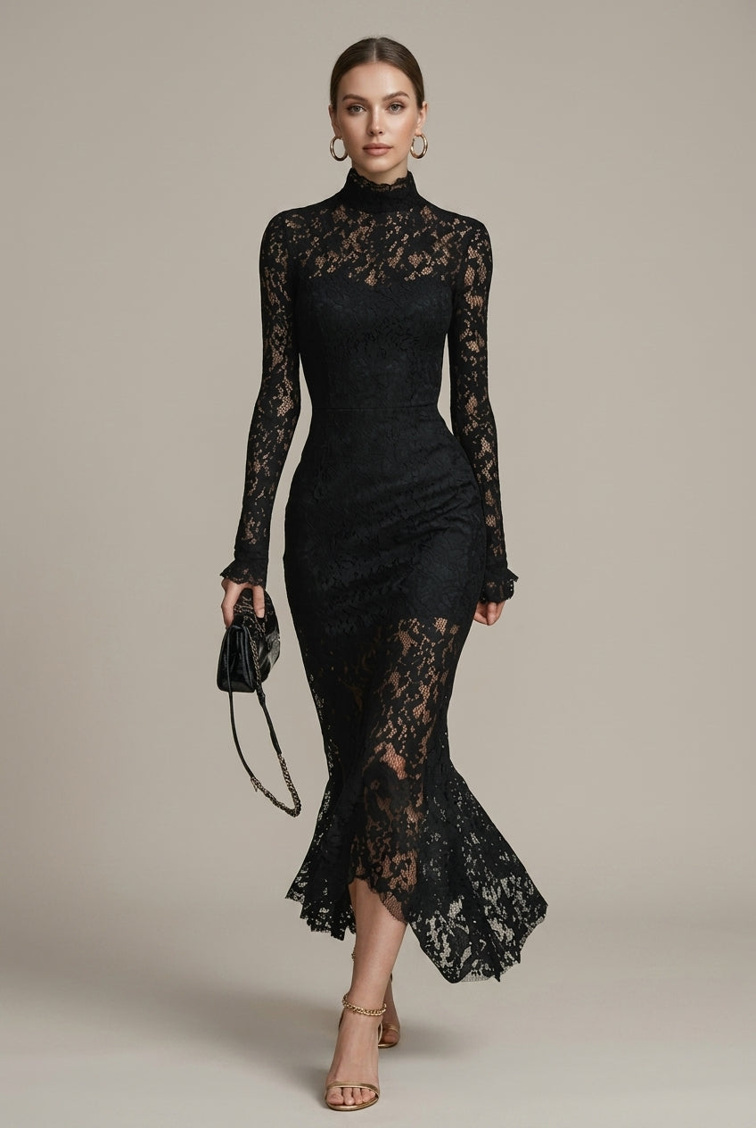 Women's Lace Long Sleeve Fitted Midi Dress