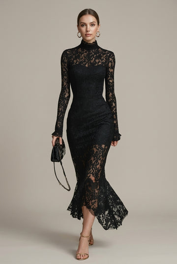 Women's Lace Long Sleeve Fitted Midi Dress - High Neckline