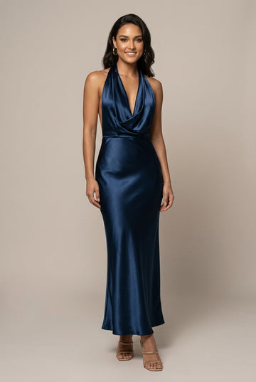 Women's Satin Maxi Dress - Deep Plunge Cowl Neck - Halter - Mermaid Silhouette