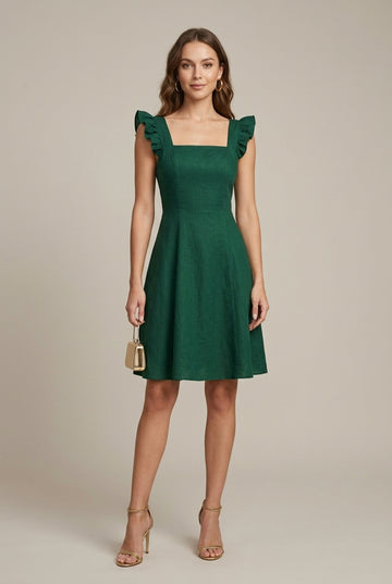 Women's Square Neck Mini Dress - Ruffle Sleeves - Tie Back