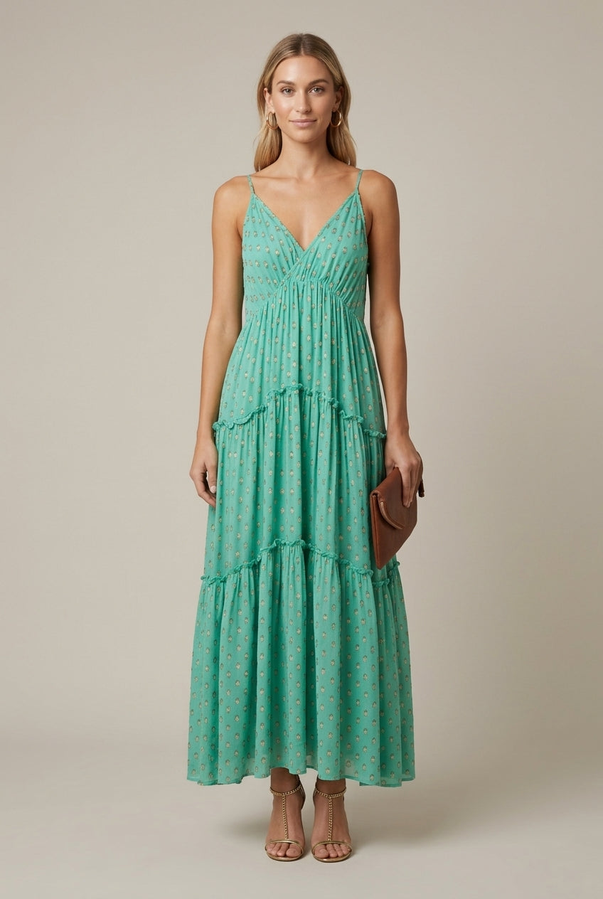 Women's Polka Dot Maxi Dress Tiered V-Neck