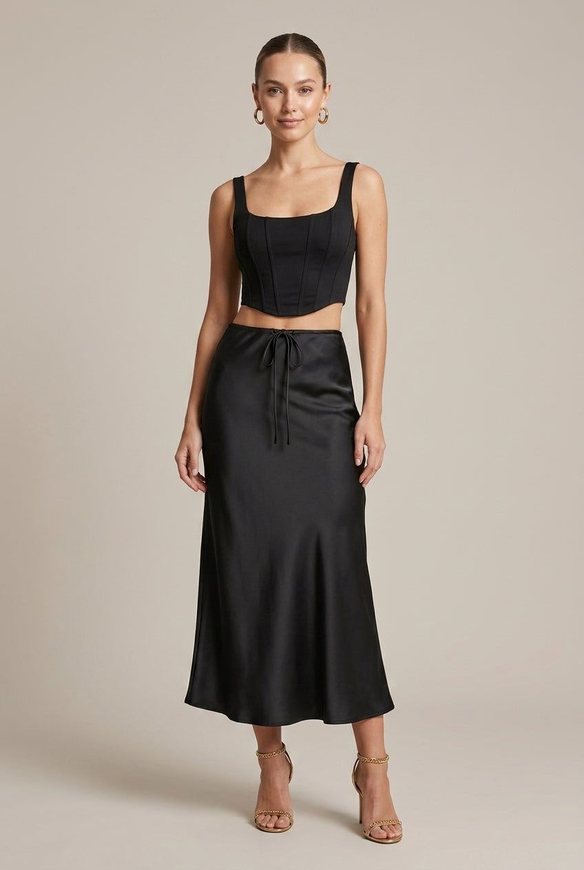 Women's Satin A-Line Maxi Skirt with Drawstring Waist