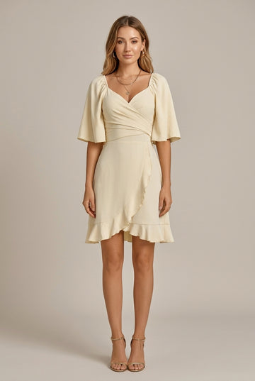 Women's Flutter Sleeve Wrap Mini Dress - V-Neck - Ruffle Hem - A-Line