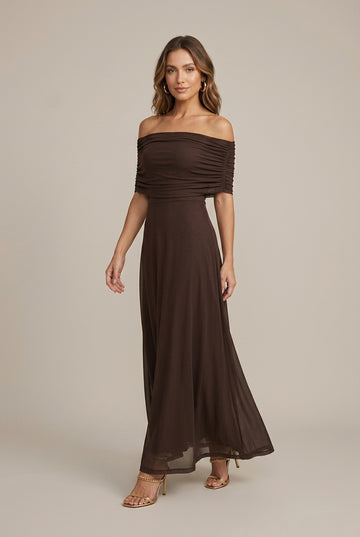 Women's Off Shoulder Ruched Mesh Maxi Dress