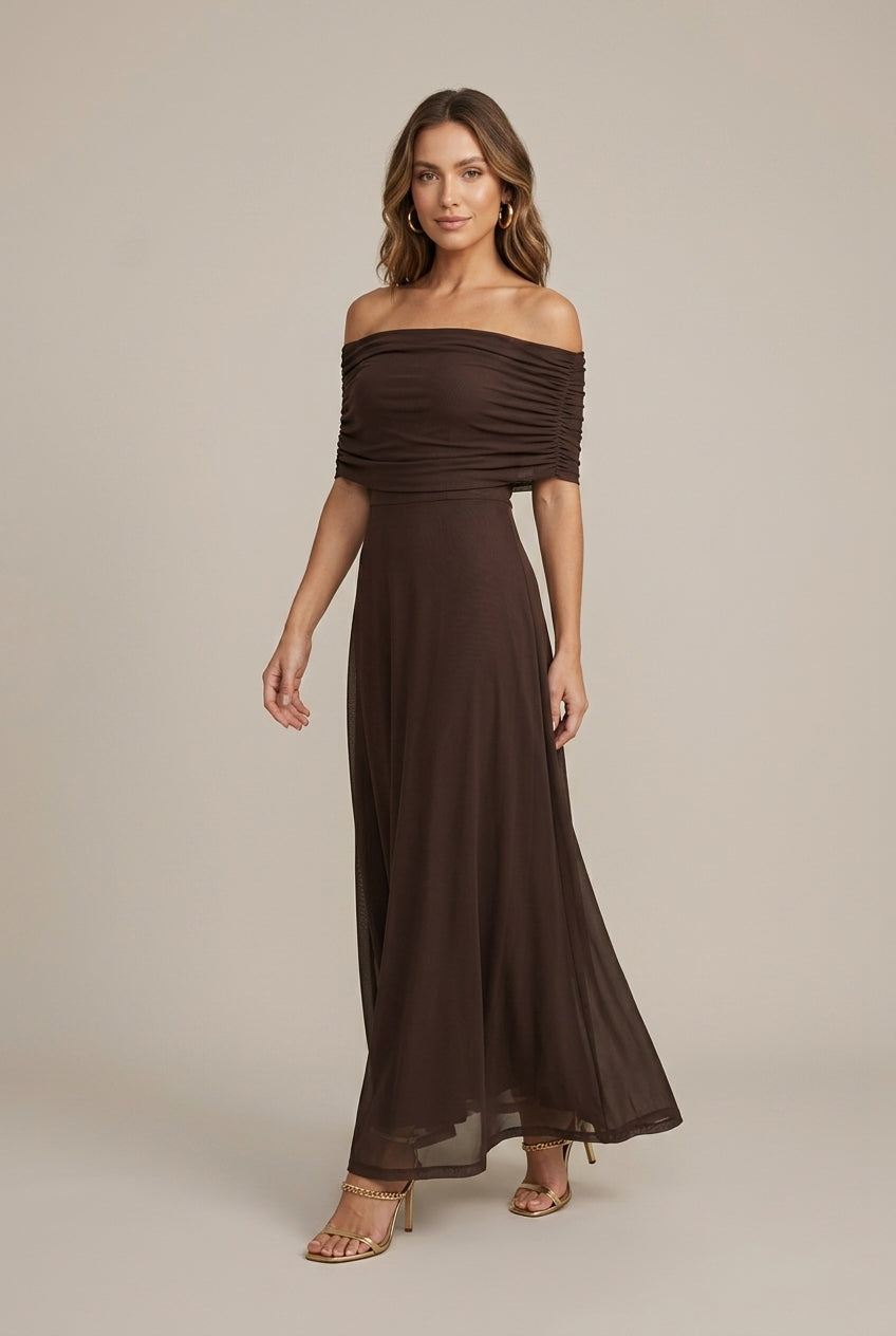 Women's Off Shoulder Ruched Mesh Maxi Dress