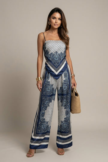 Women's Printed Lace-Up Top - Matching Pants Two Piece Set