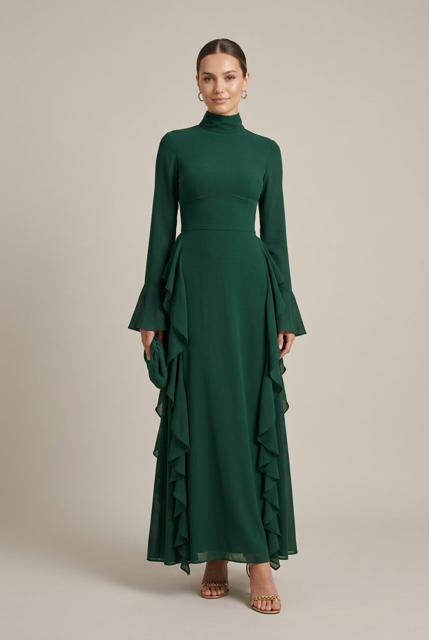 Women's High Neck Long Sleeve Ruffle Smock Maxi Dress