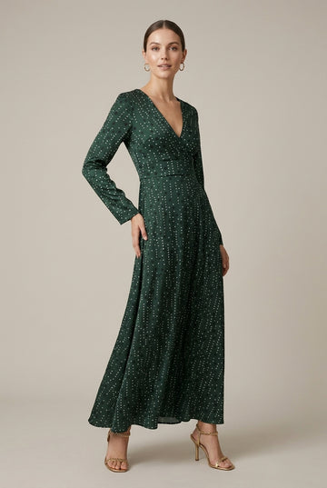 Women's Polka Dot Maxi Dress V-Neck Long Sleeve
