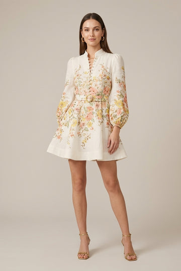 Women's Floral Print Long Puff Sleeve Smocked Mini Dress