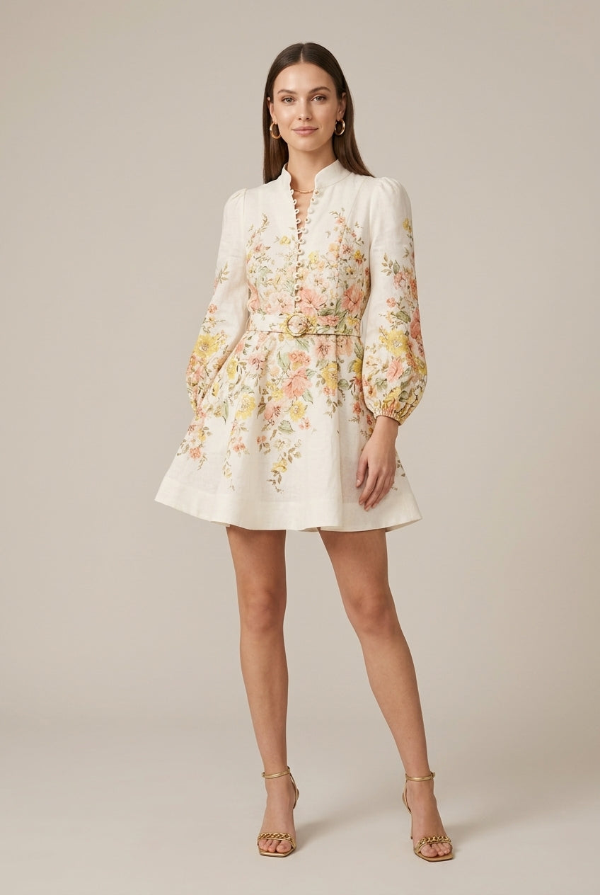 Women's Floral Print Long Puff Sleeve Smocked Mini Dress