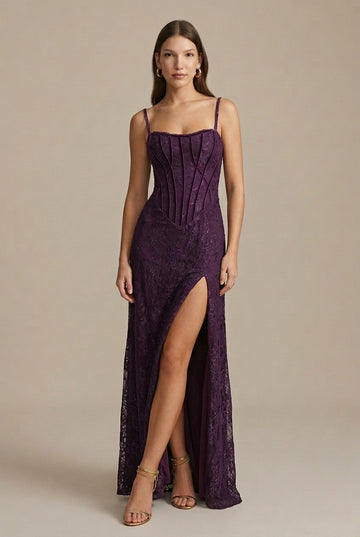 Women's Spaghetti Strap Corset Mini Dress - Boned Bodice - Hi-Low Maxi Train