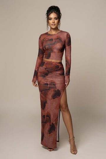 Women's Tie-Dye Two Piece Set - Round Neck Short Sleeve Top - Long Skirt