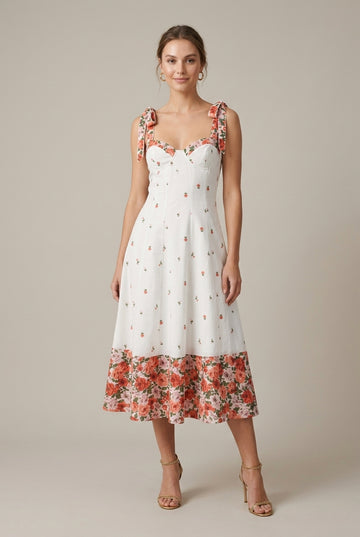 Women's Floral Midi Dress Sweetheart Neck Tie Strap