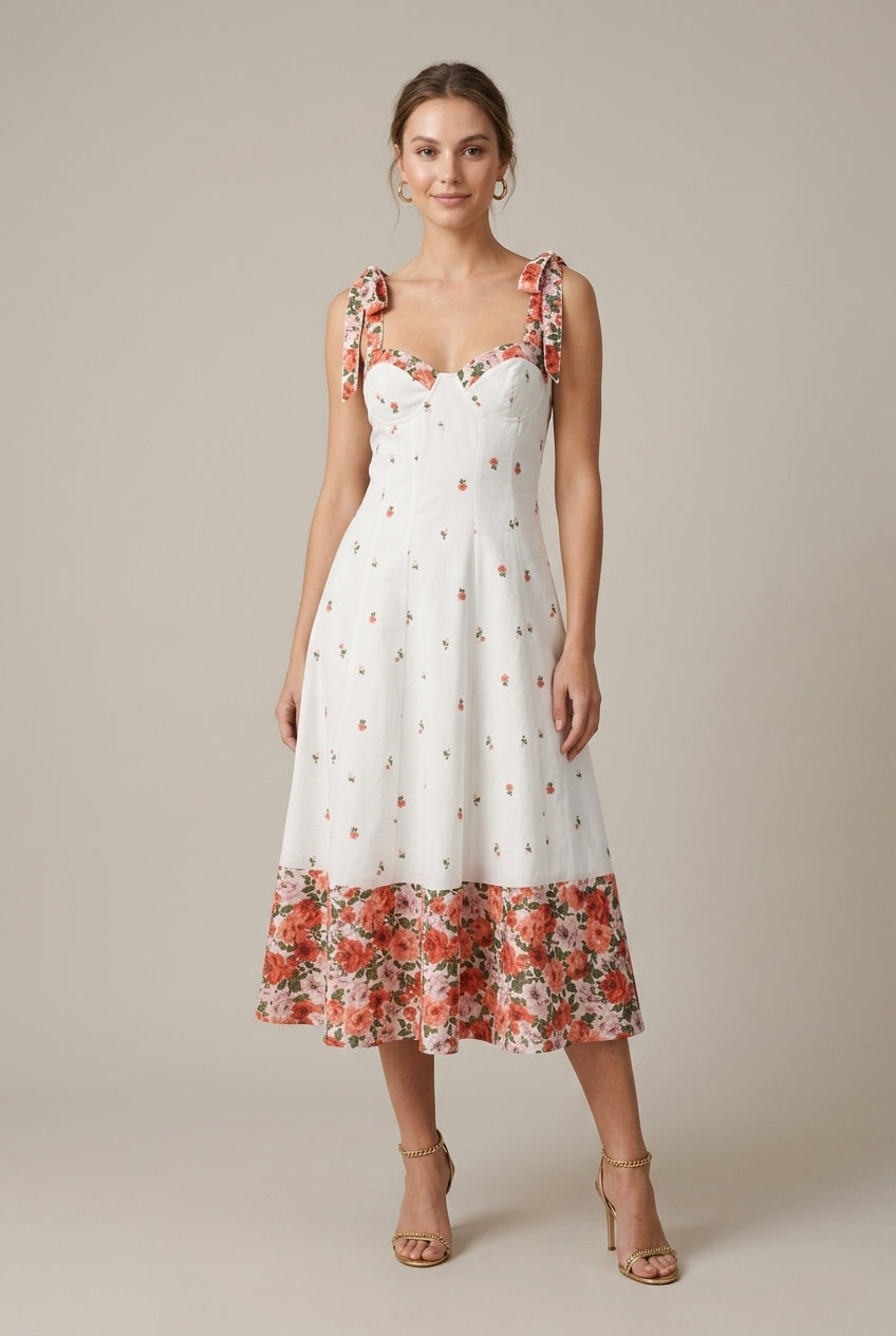 Women's Floral Midi Dress Sweetheart Neck Tie Strap