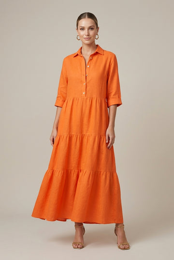 Women's Tiered Maxi Dress with Button-Up Collar and Half Sleeves