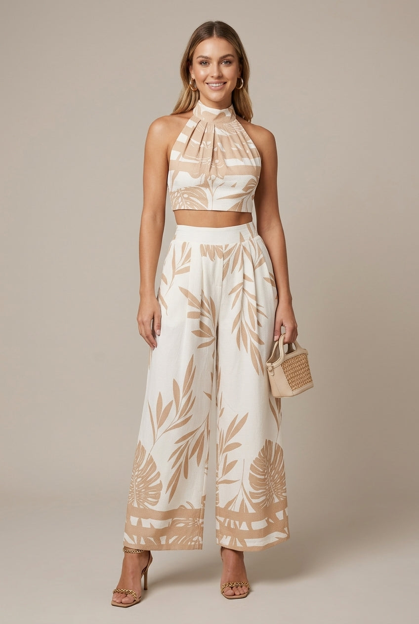 Women's Halter Top Wide Leg Pants Two Piece Tropical Print Set