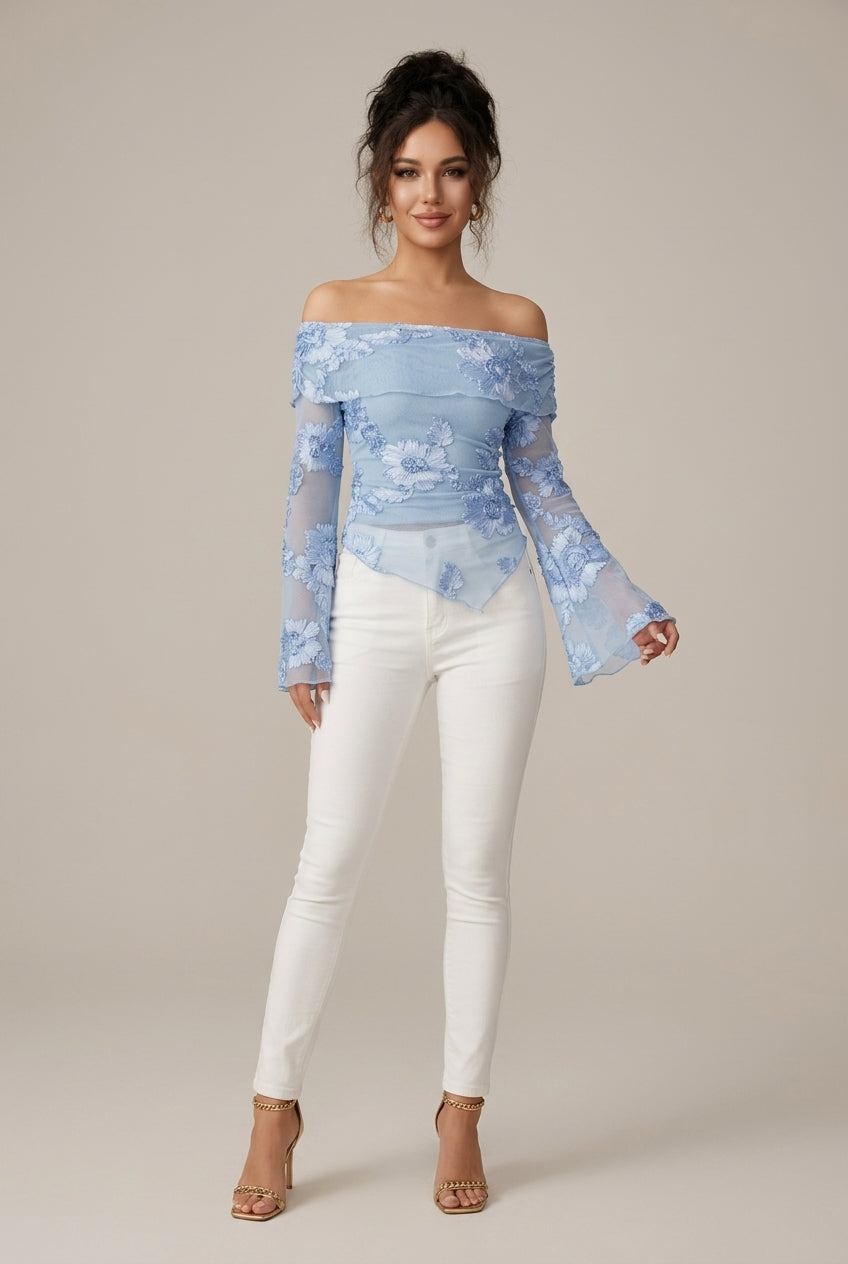 Women's Off Shoulder Floral Embroidered Top with Bell Sleeves