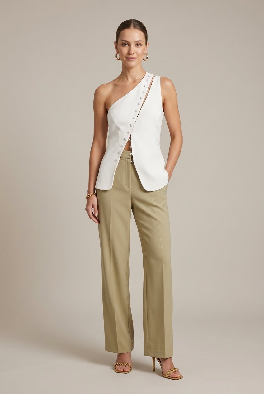 Women's One Shoulder Button Detail Asymmetrical Wrap Top