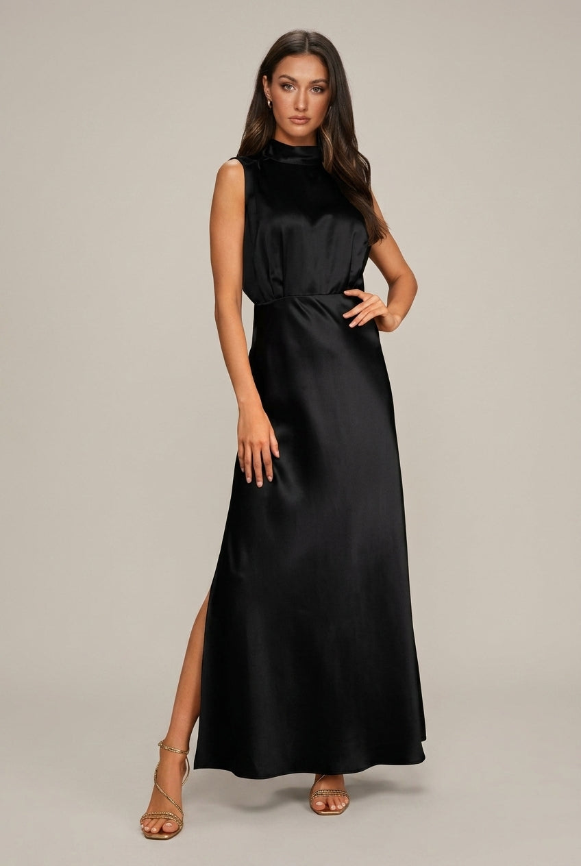 Women's Satin Maxi Dress Mock Neck
