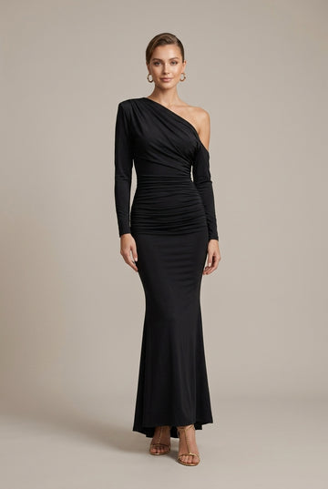 Women's Maxi Dress One Shoulder Ruched Long Sleeve