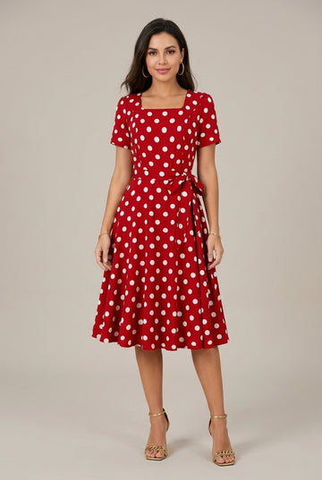 Women's Midi Dress Polka Dot Wrap Square Neck Short Sleeve
