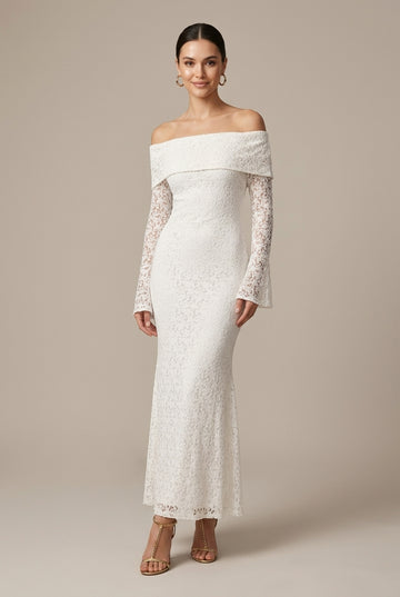 Women's Wedding Guest Lace Maxi Dress - Off Shoulder - Bell Sleeve