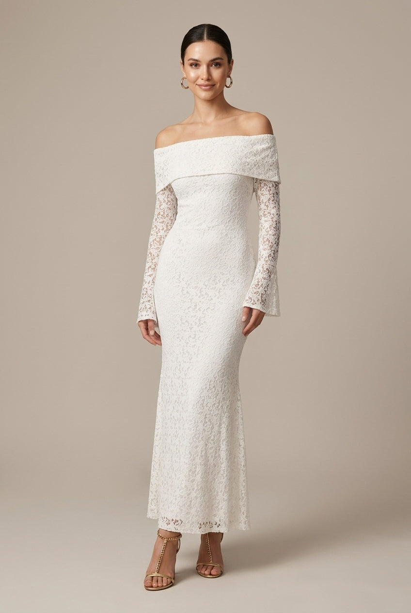 Women's Wedding Guest Lace Maxi Dress - Off Shoulder - Bell Sleeve