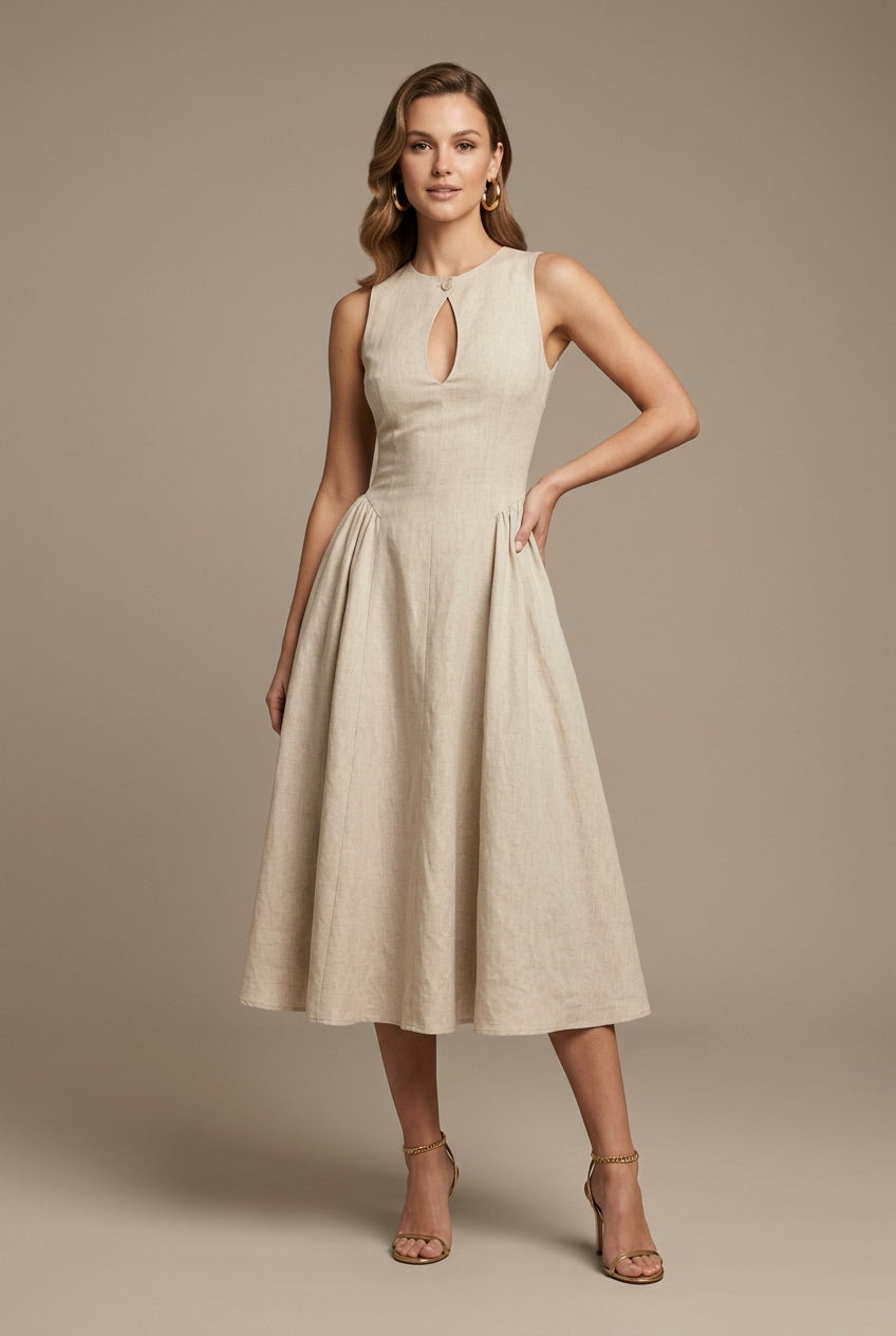 Women's Sleeveless Keyhole Cutout A-Line Midi Dress - Button Closure