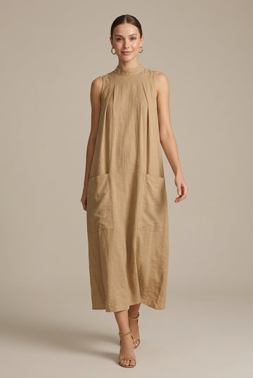 Women's Linen Maxi Dress Sleeveless Stand Collar