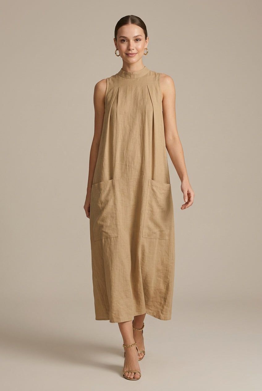 Women's Linen Maxi Dress Sleeveless Stand Collar