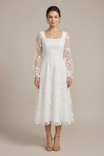 Women's Jacquard Sheer Mesh Square Neck Long Sleeve Maxi Dress