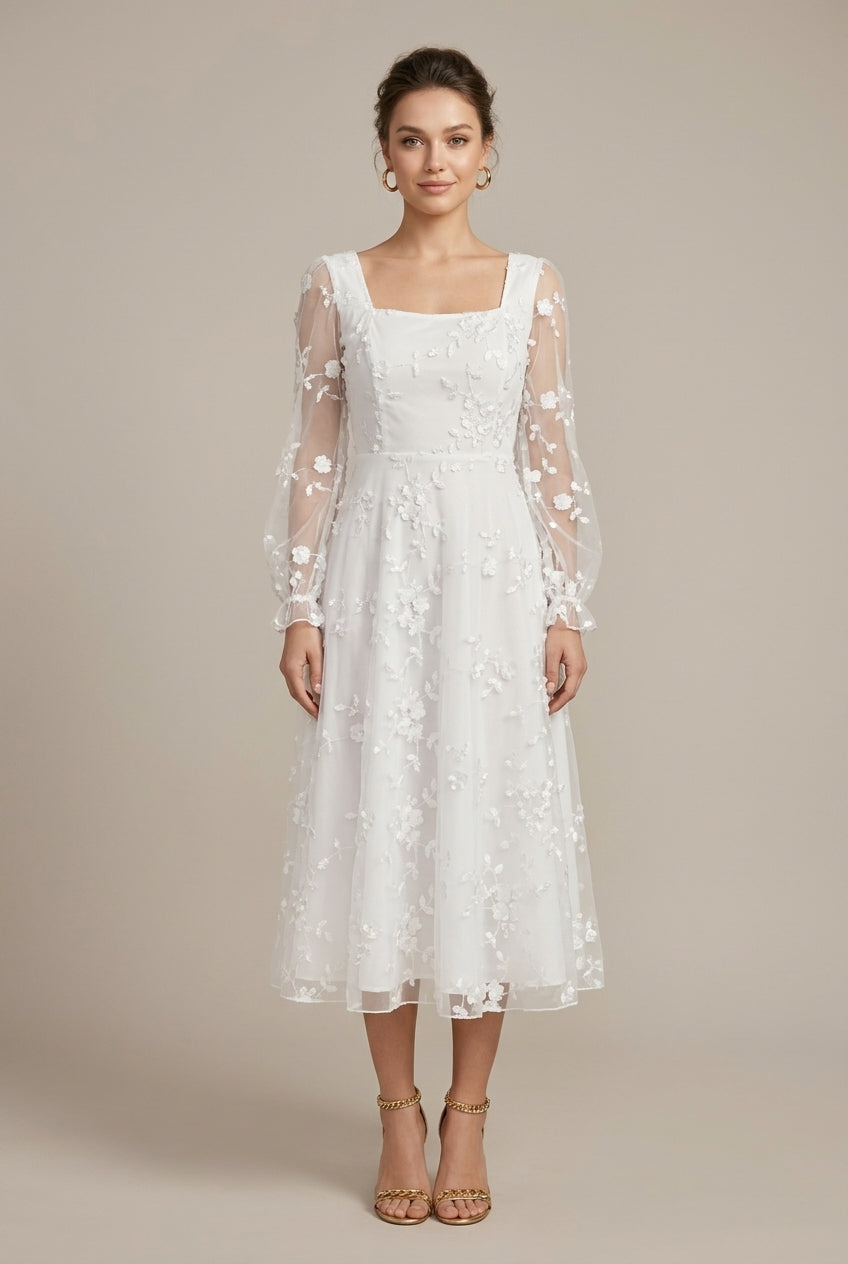 Women's Jacquard Sheer Mesh Square Neck Long Sleeve Maxi Dress