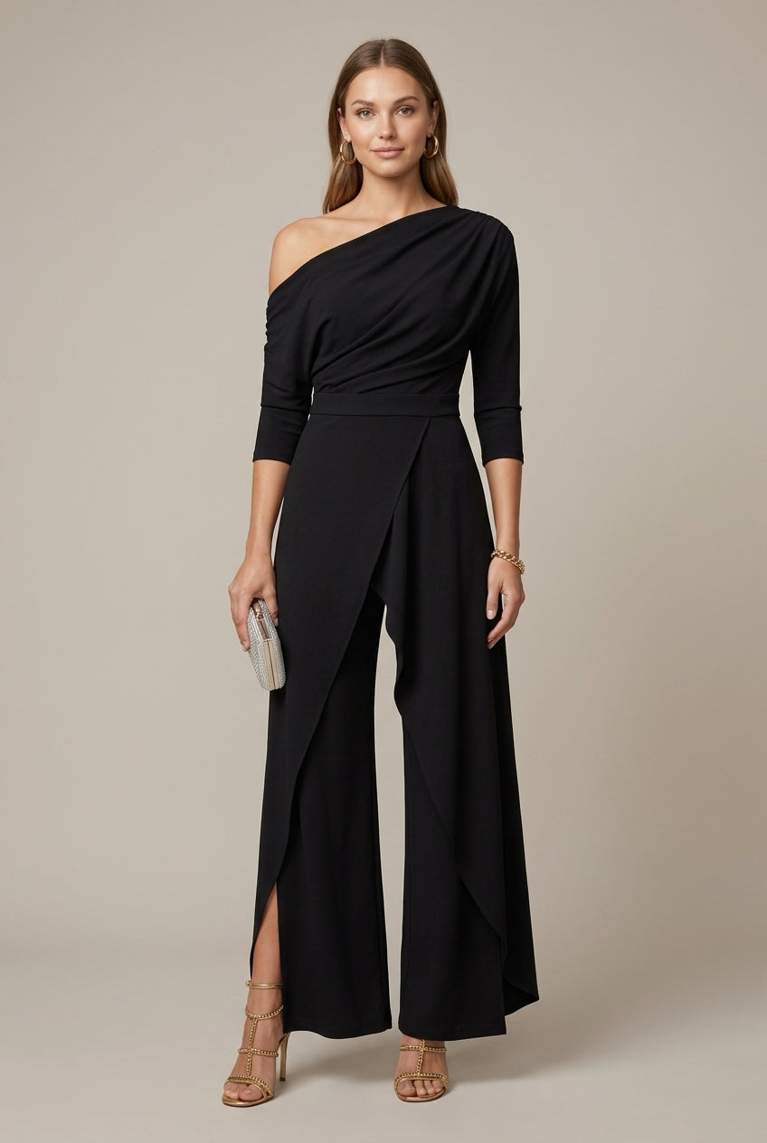 Women's One Shoulder Draped Wide Leg Dressy Jumpsuit - 3/4 Sleeve