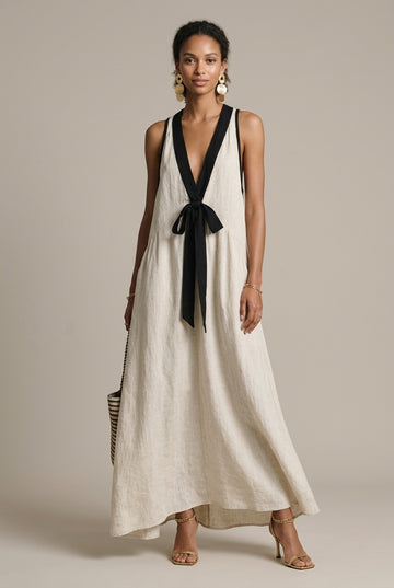 Women's White Linen Deep V-Neck Maxi Dress