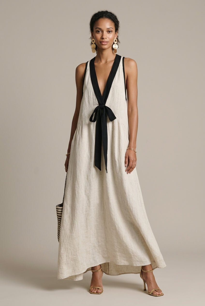 Women's White Linen Deep V-Neck Maxi Dress
